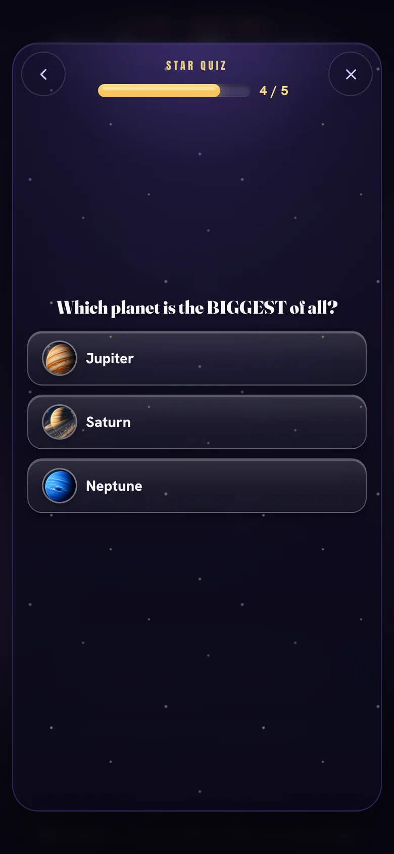 Star Arcade — a quiz mini-game question built from the space cards you collected