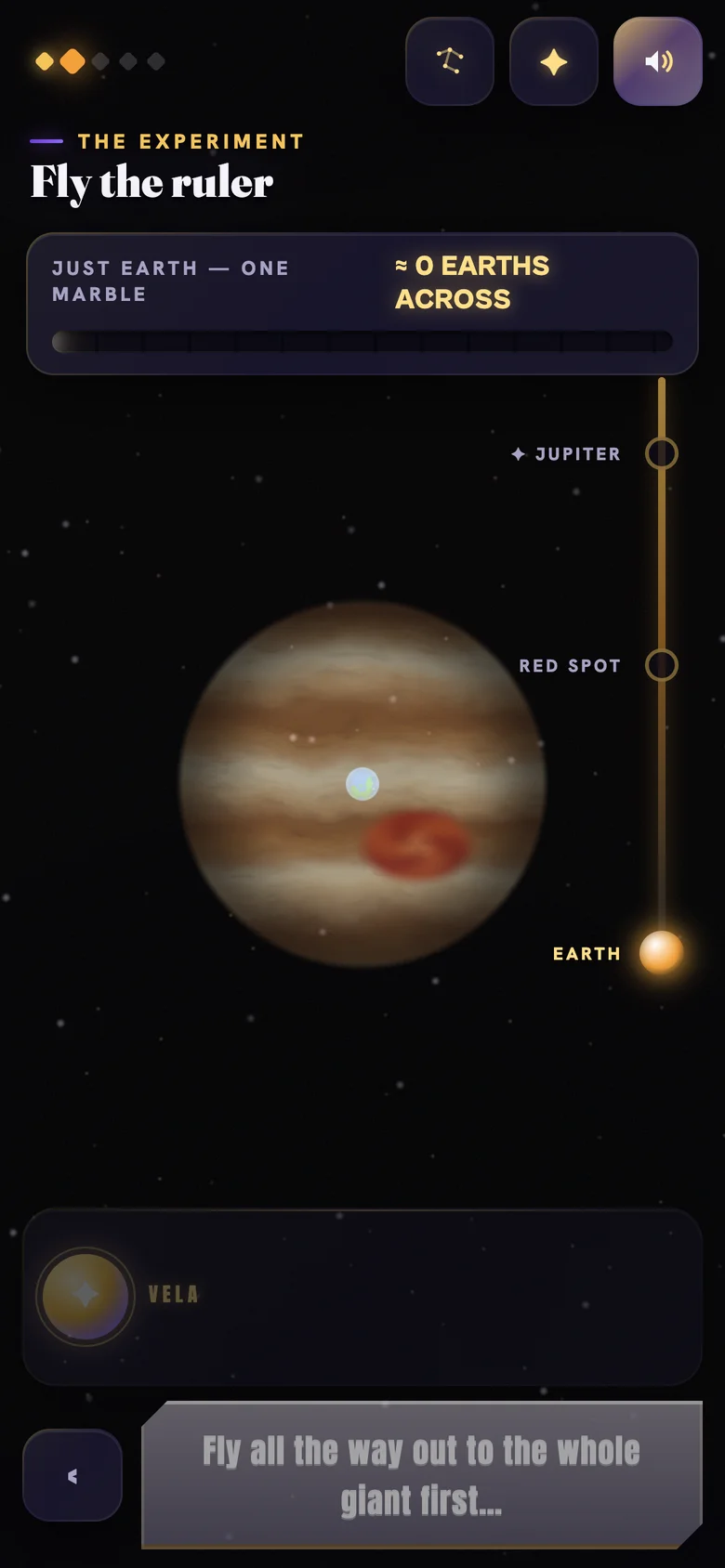 Jupiter card game — flying a ruler across the giant planet to measure how many Earths fit across it