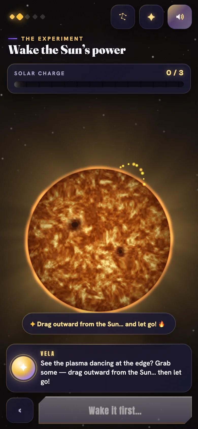 The Sun 3D card game — a glowing living star with real solar physics
