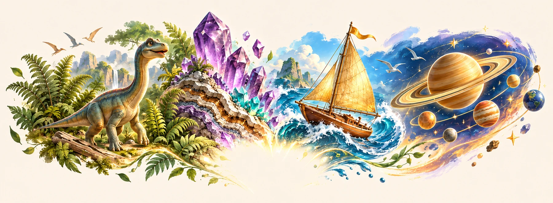 Painted worlds of dinosaurs, stones, sailing ships and space